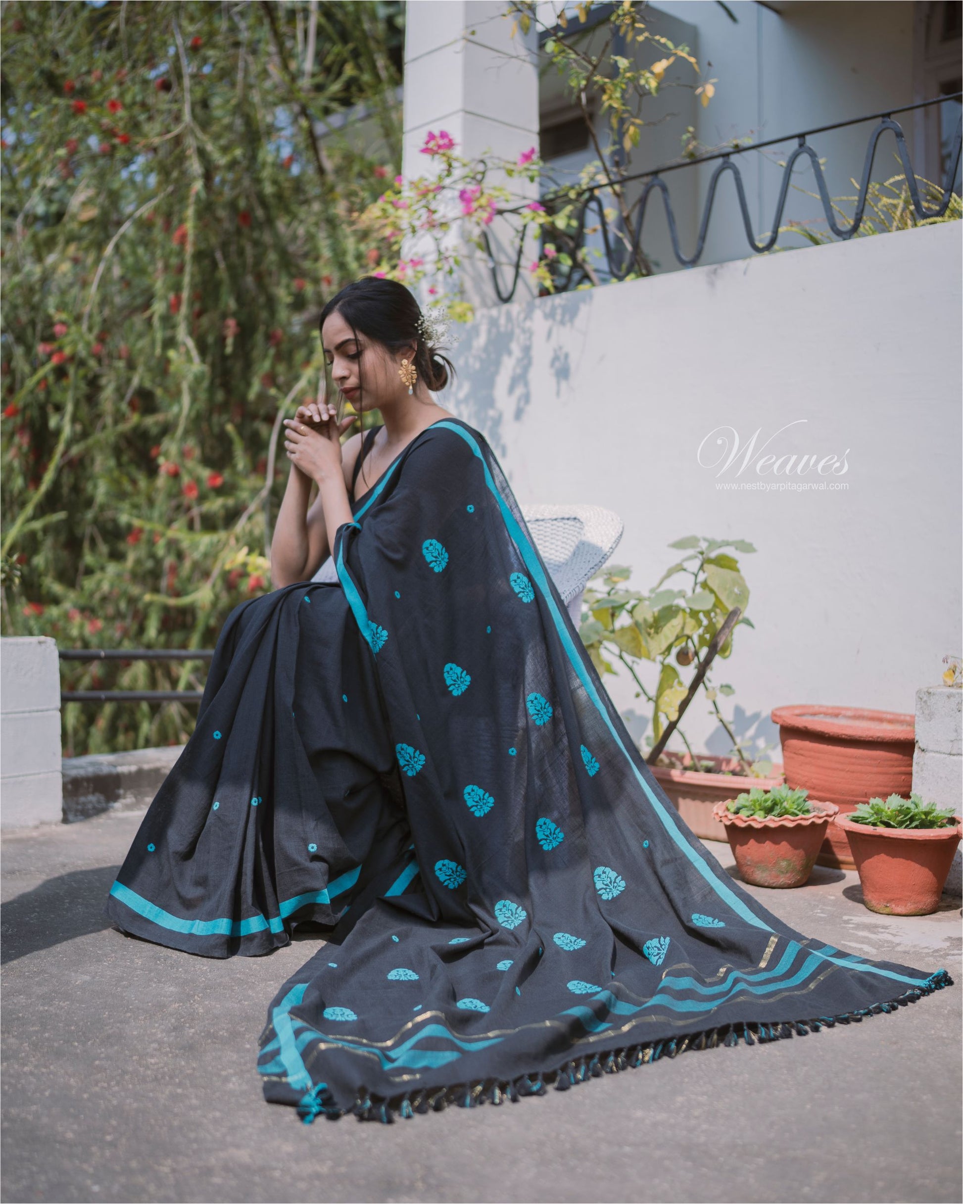 Onyx Black Teal with Rang Motif Cotton Sari