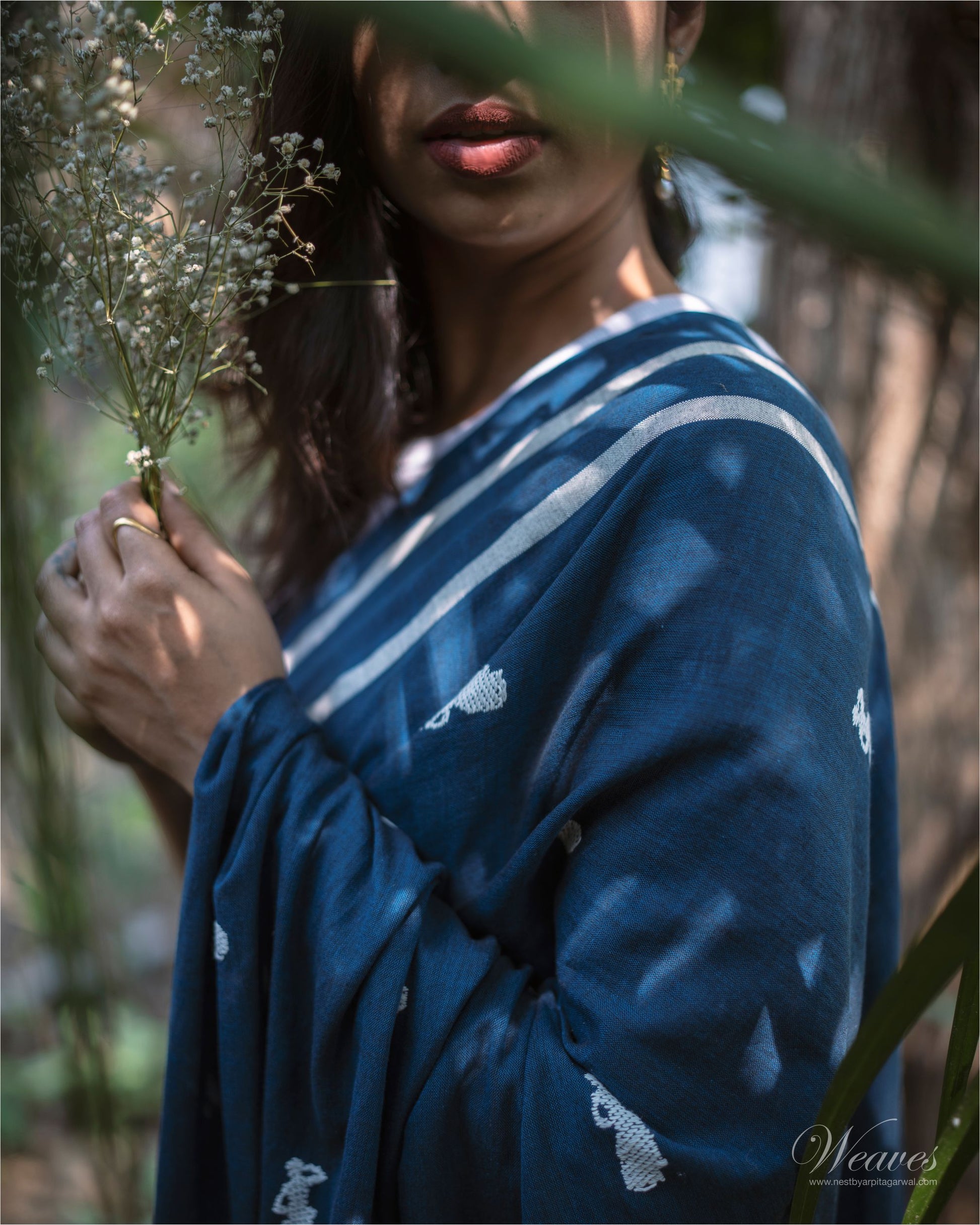Midnight Blue with Bihu Dance Motif Cotton Sari