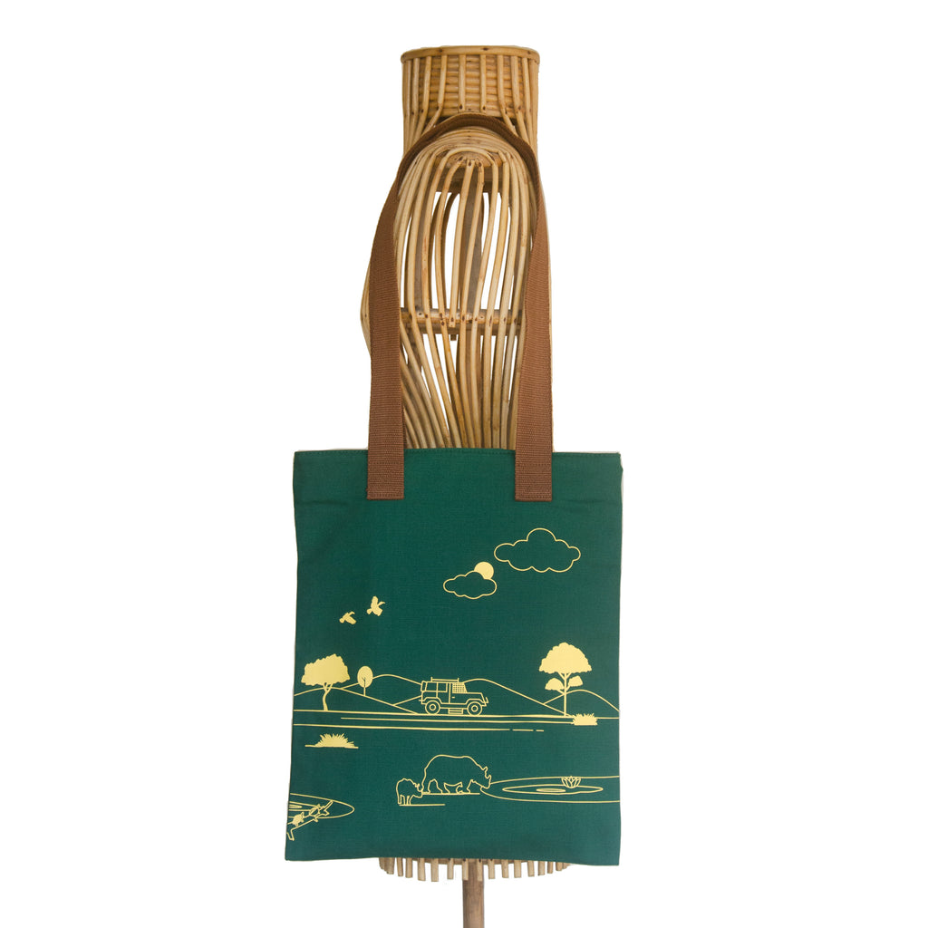 Assam's Kaziranga Forest Green Canvas with Yellow Print Tote Bag - NEST by Arpit Agarwal