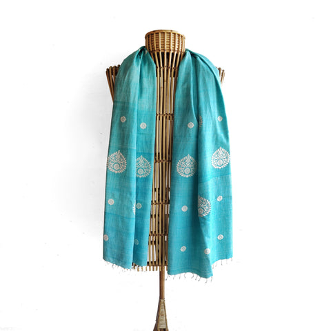 Teal Xingkhap Pattern Cotton Stole