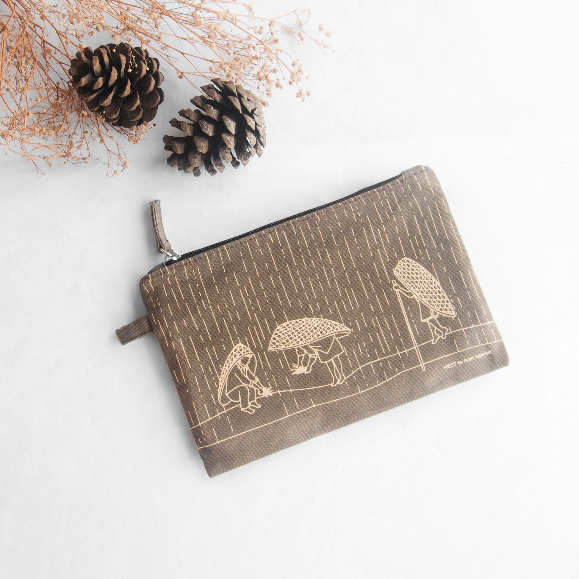 Meghalaya's Knup Fawn Canvas with Beige Print Utility Pouch