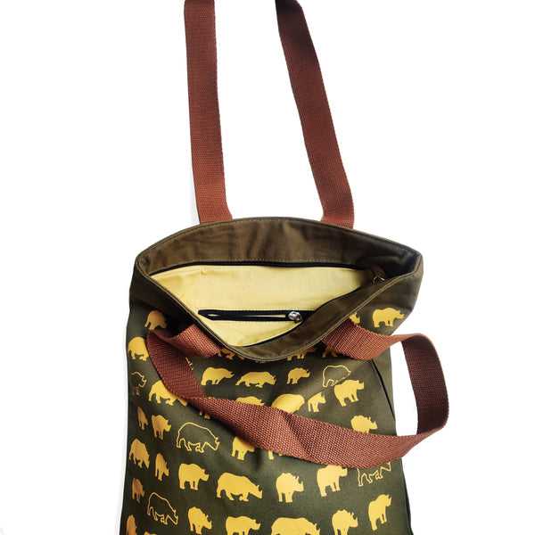 Assam Rhino Canvas Tote Bag & Utility Pouch Combo - Olive