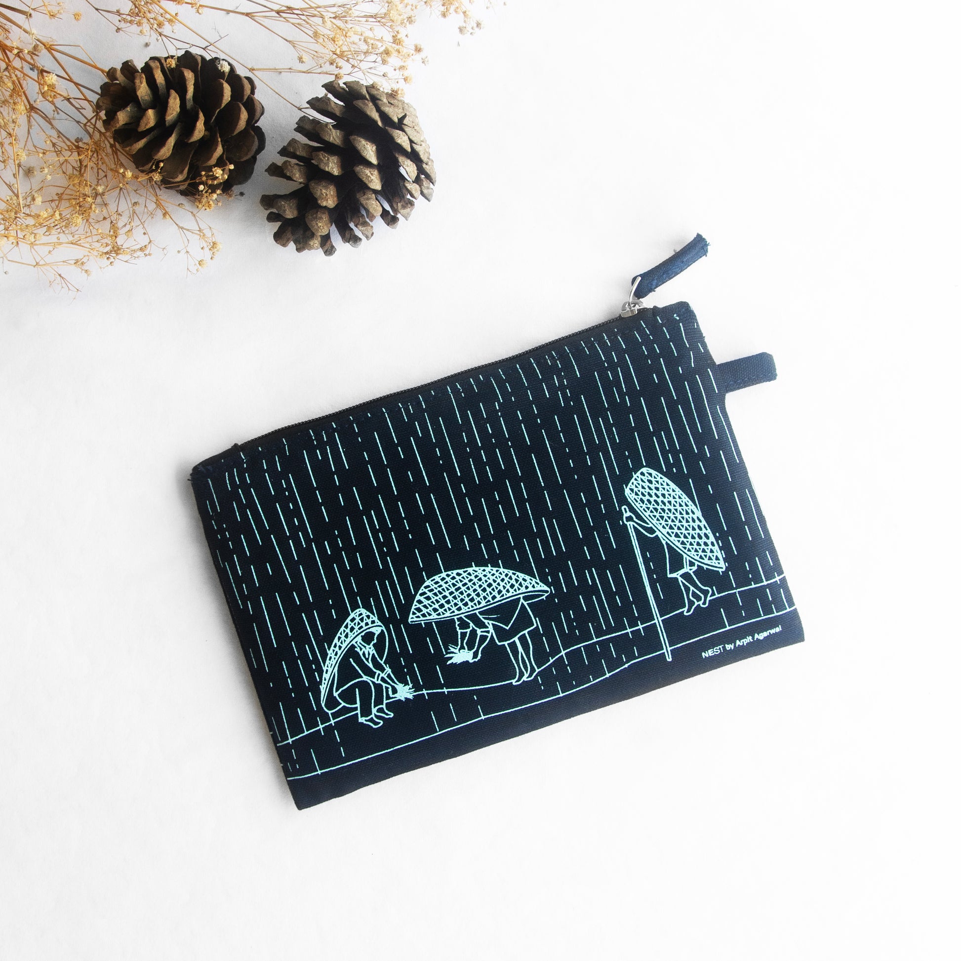 Meghalaya's Knup Navy Blue Canvas with Sky Blue Print Utility Pouch