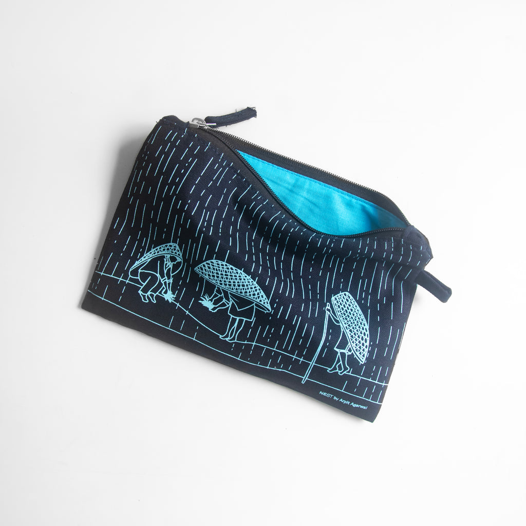 Meghalaya's Knup Navy Blue Canvas with Sky Blue Print Utility Pouch