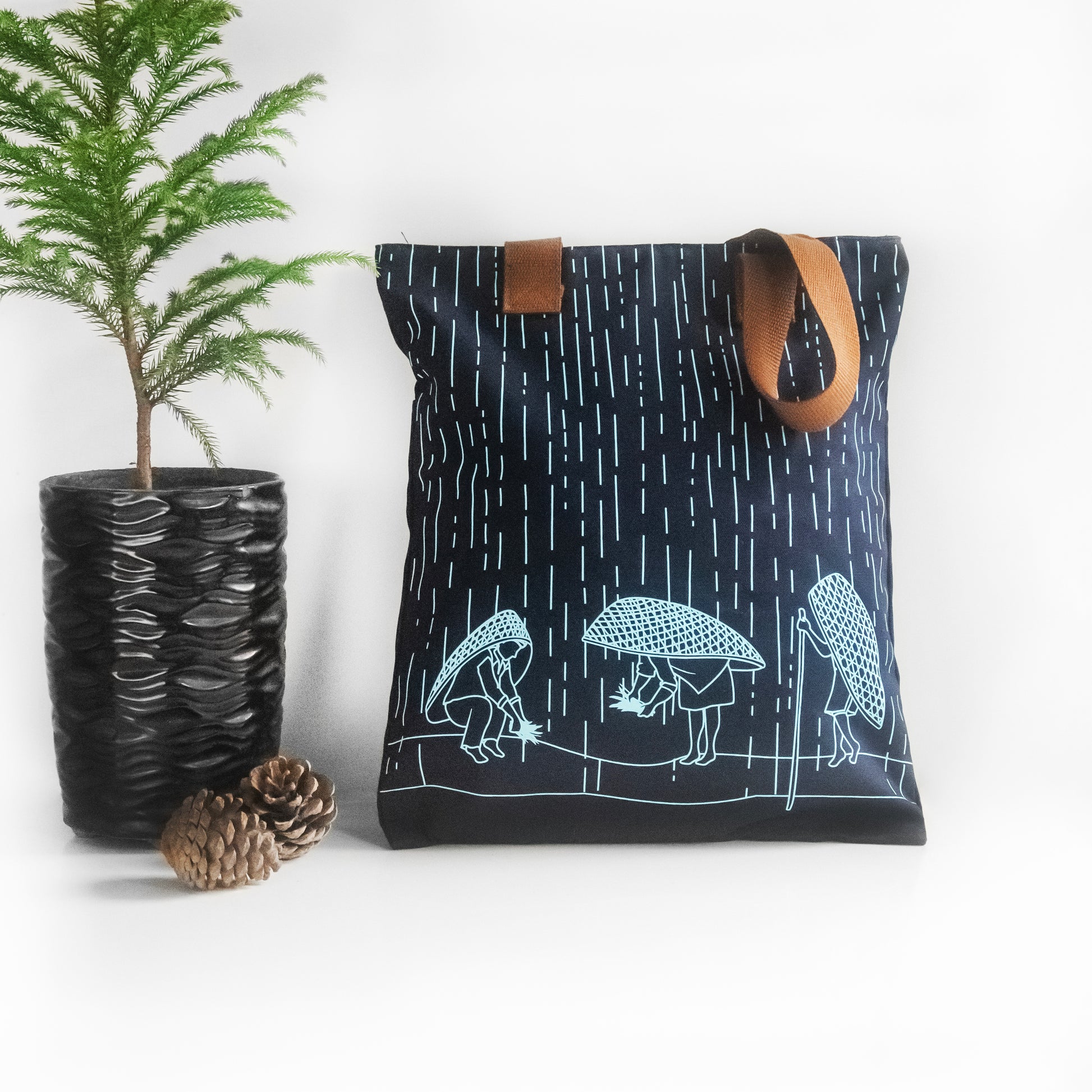 Meghalaya's Knup Navy Blue Canvas with Sky Blue Print Tote Bag