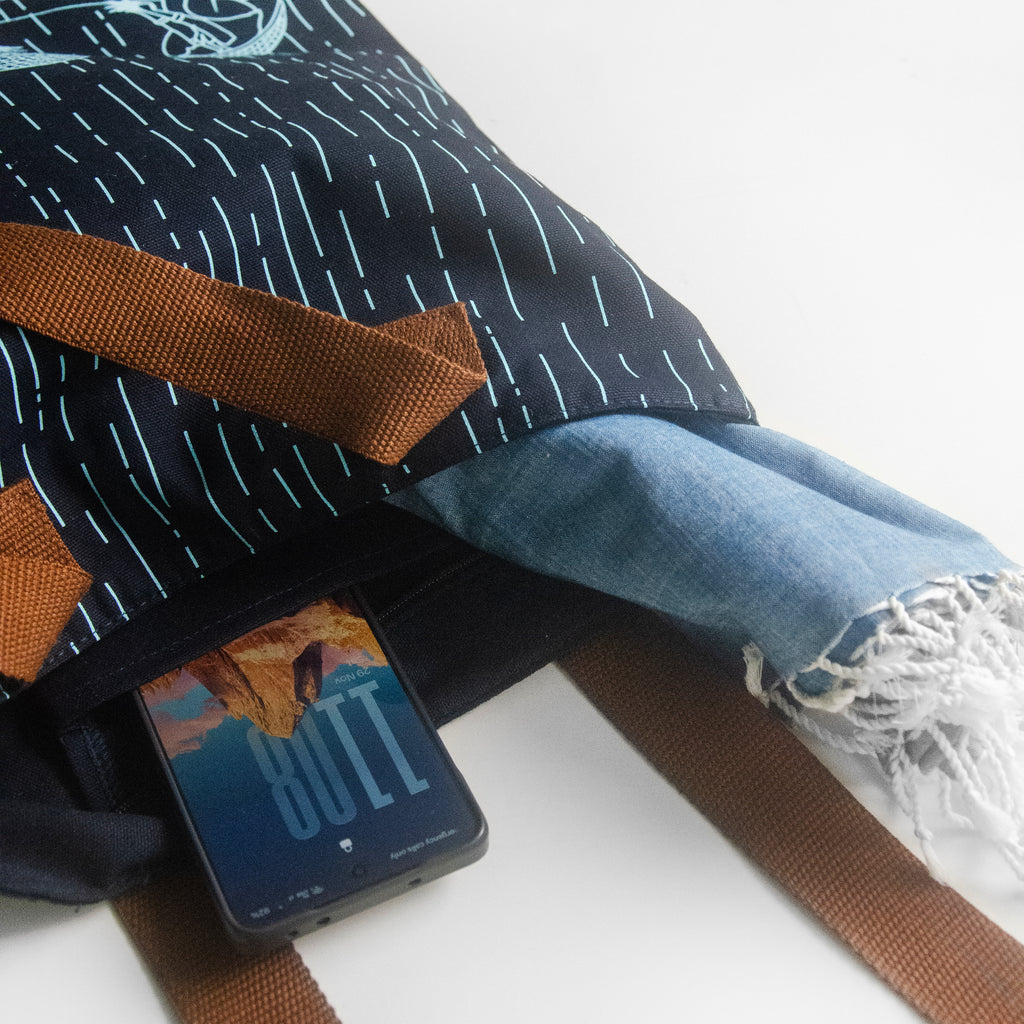 Meghalaya's Knup Navy Blue Canvas with Sky Blue Print Tote Bag