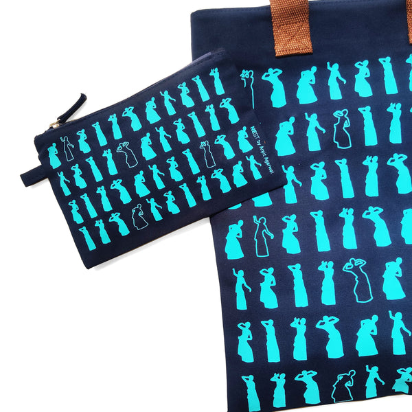 Assam Bihu Canvas Tote Bag & Utility Pouch Combo - Navy