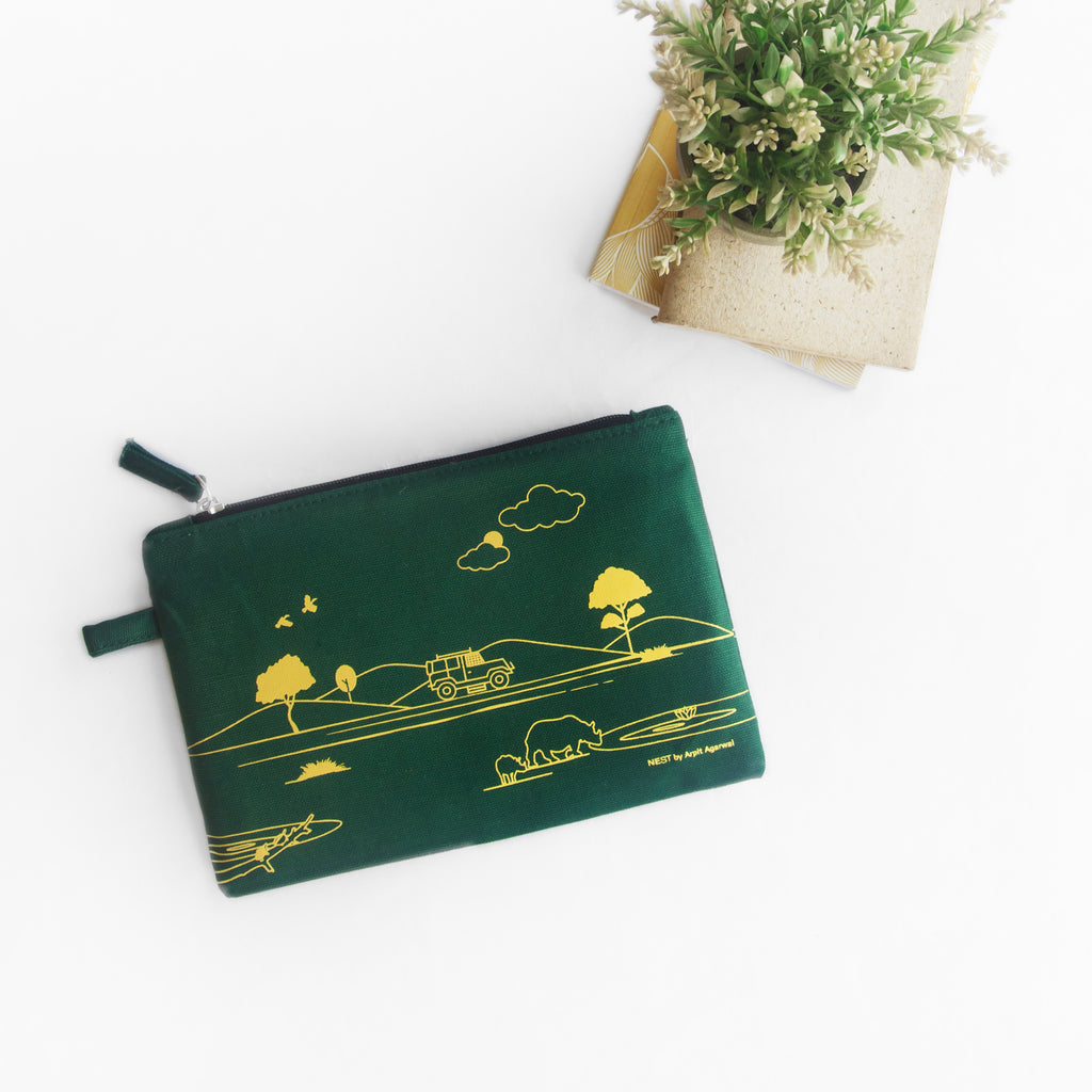 Assam's Kaziranga Forest Green Canvas with Yellow Print Utility Pouch