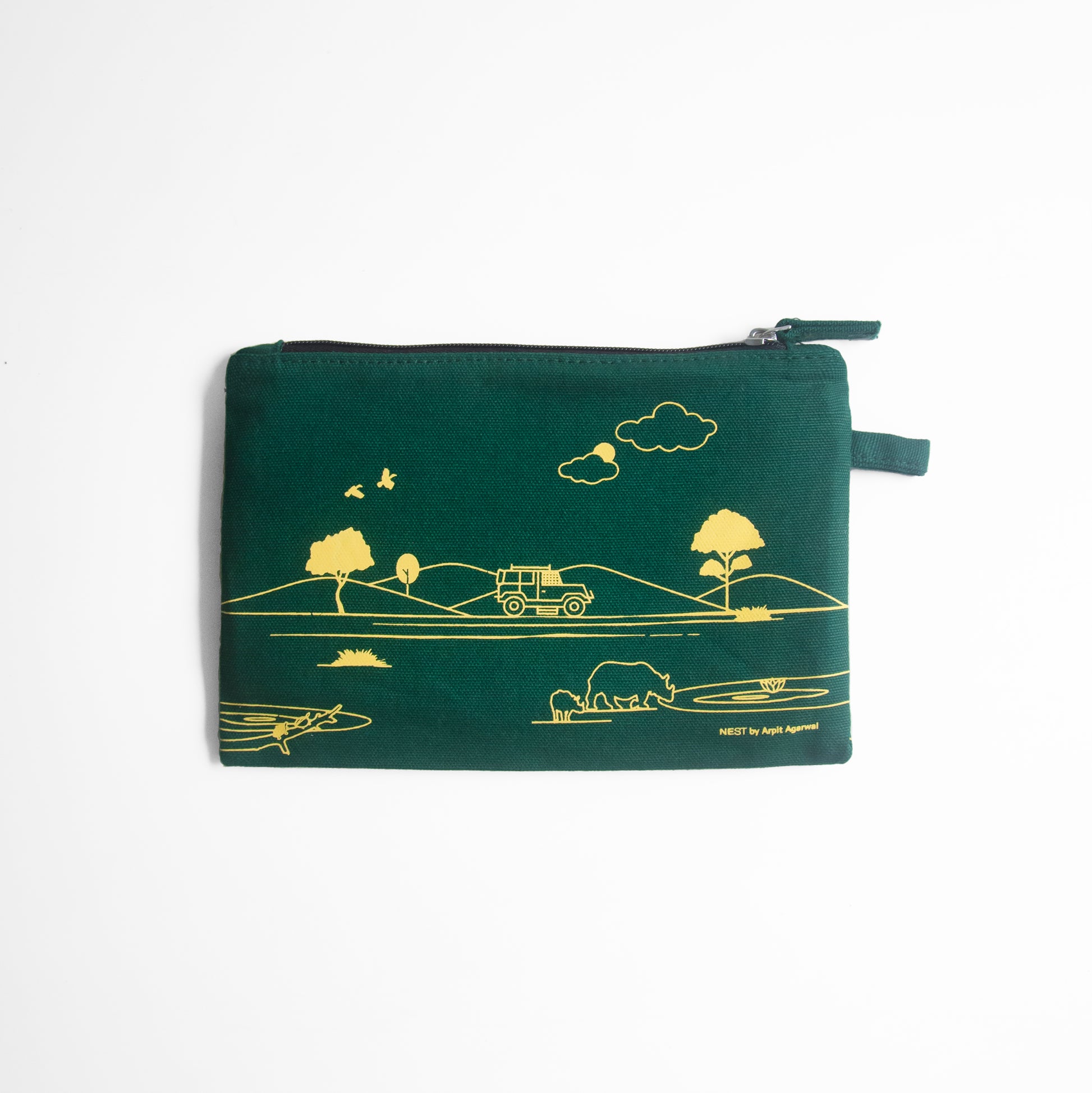 Assam's Kaziranga Forest Green Canvas with Yellow Print Utility Pouch