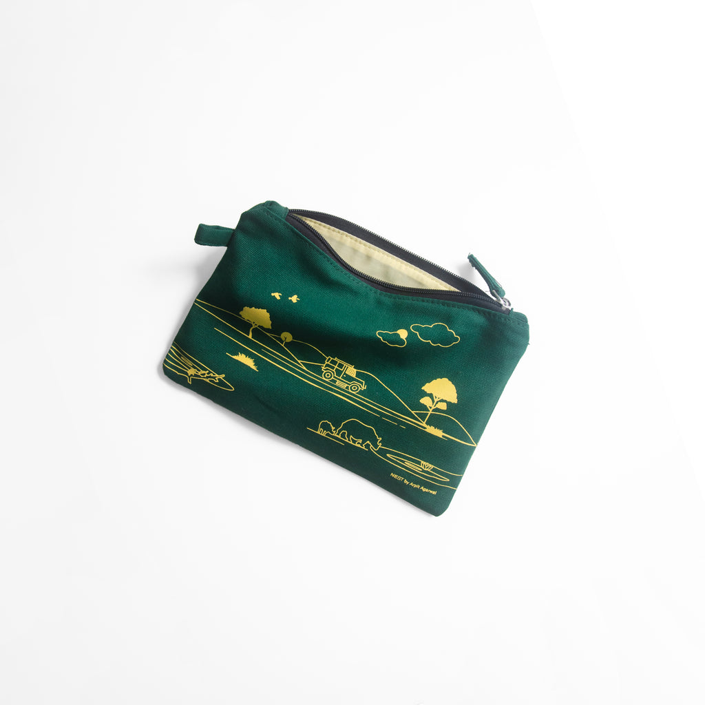 Assam's Kaziranga Forest Green Canvas with Yellow Print Utility Pouch