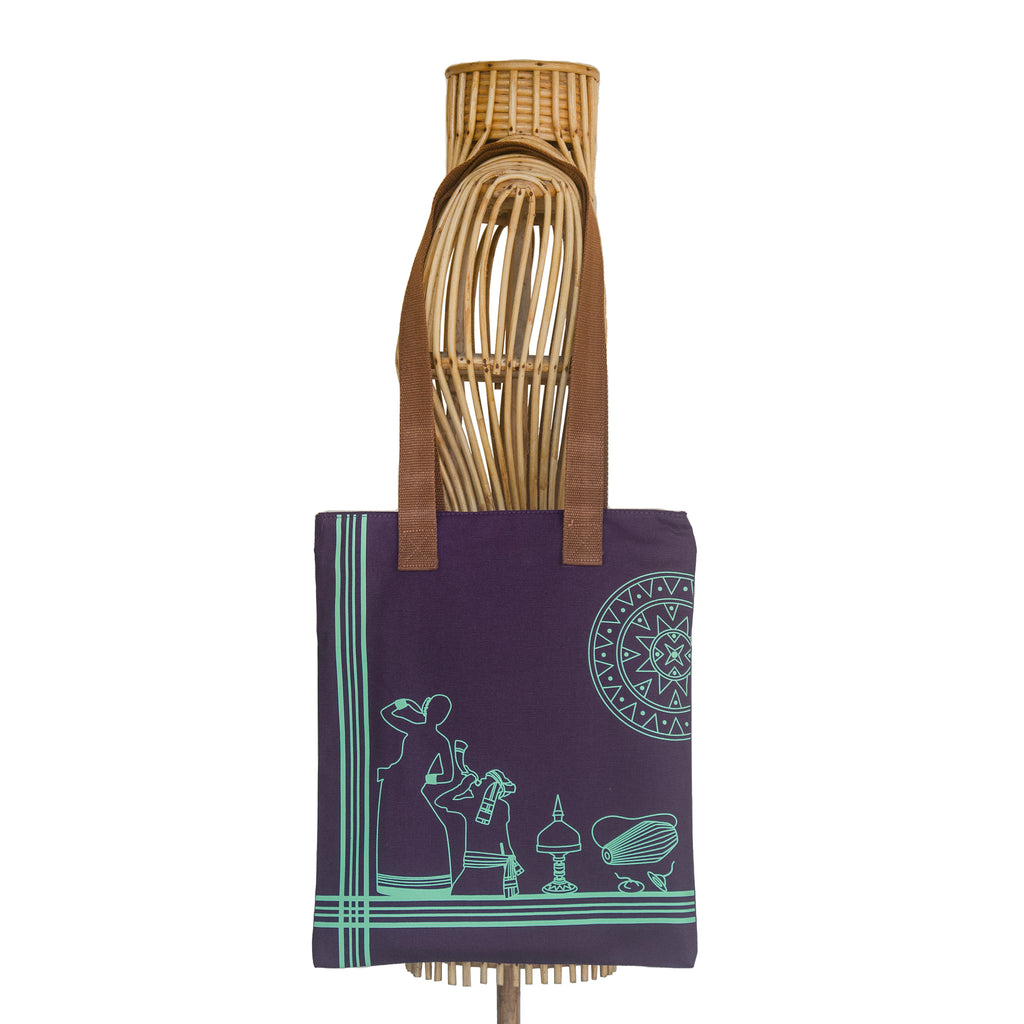 Assam's Iconic Symbols Purple Canvas with Teal Print Tote Bag - NEST by Arpit Agarwal