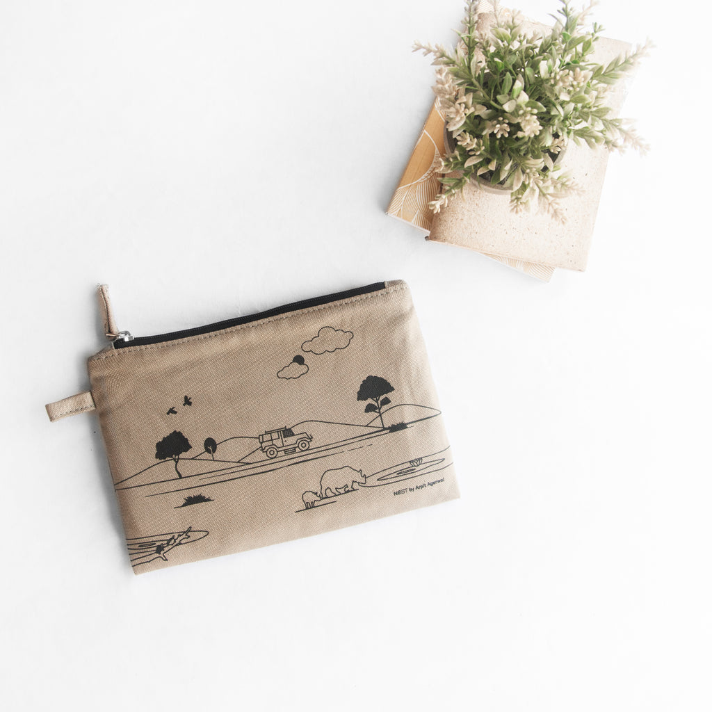 Assam's Kaziranga Light Brown Canvas with Black Print Utility Pouch