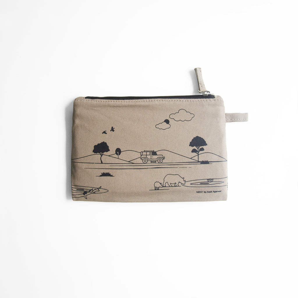 Assam's Kaziranga Light Brown Canvas with Black Print Utility Pouch