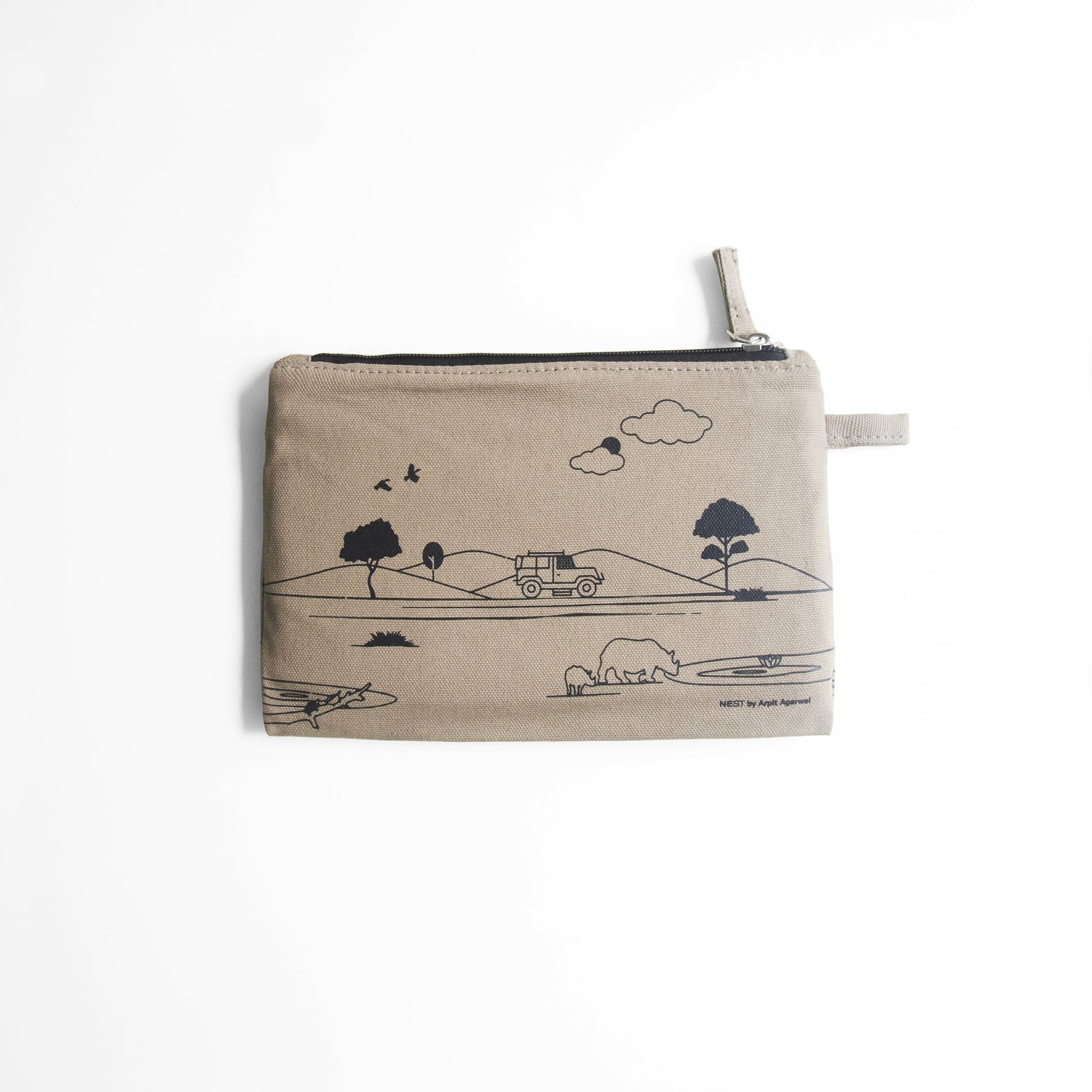 Assam's Kaziranga Light Brown Canvas with Black Print Utility Pouch