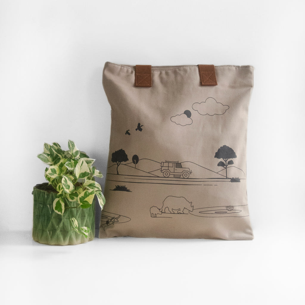 Assam's Kaziranga Light Brown Canvas with Black Print Tote Bag