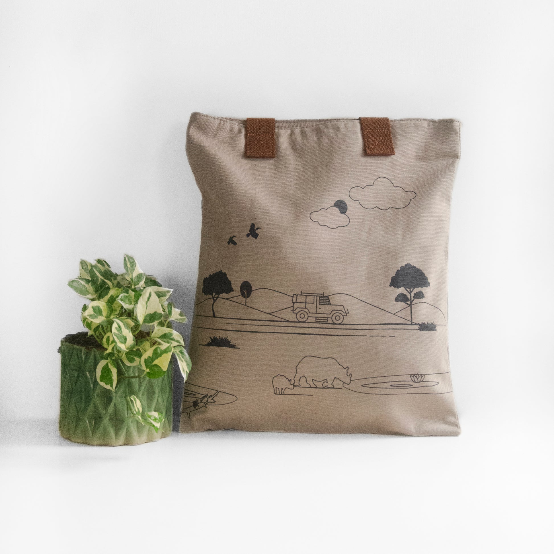 Assam's Kaziranga Light Brown Canvas with Black Print Tote Bag