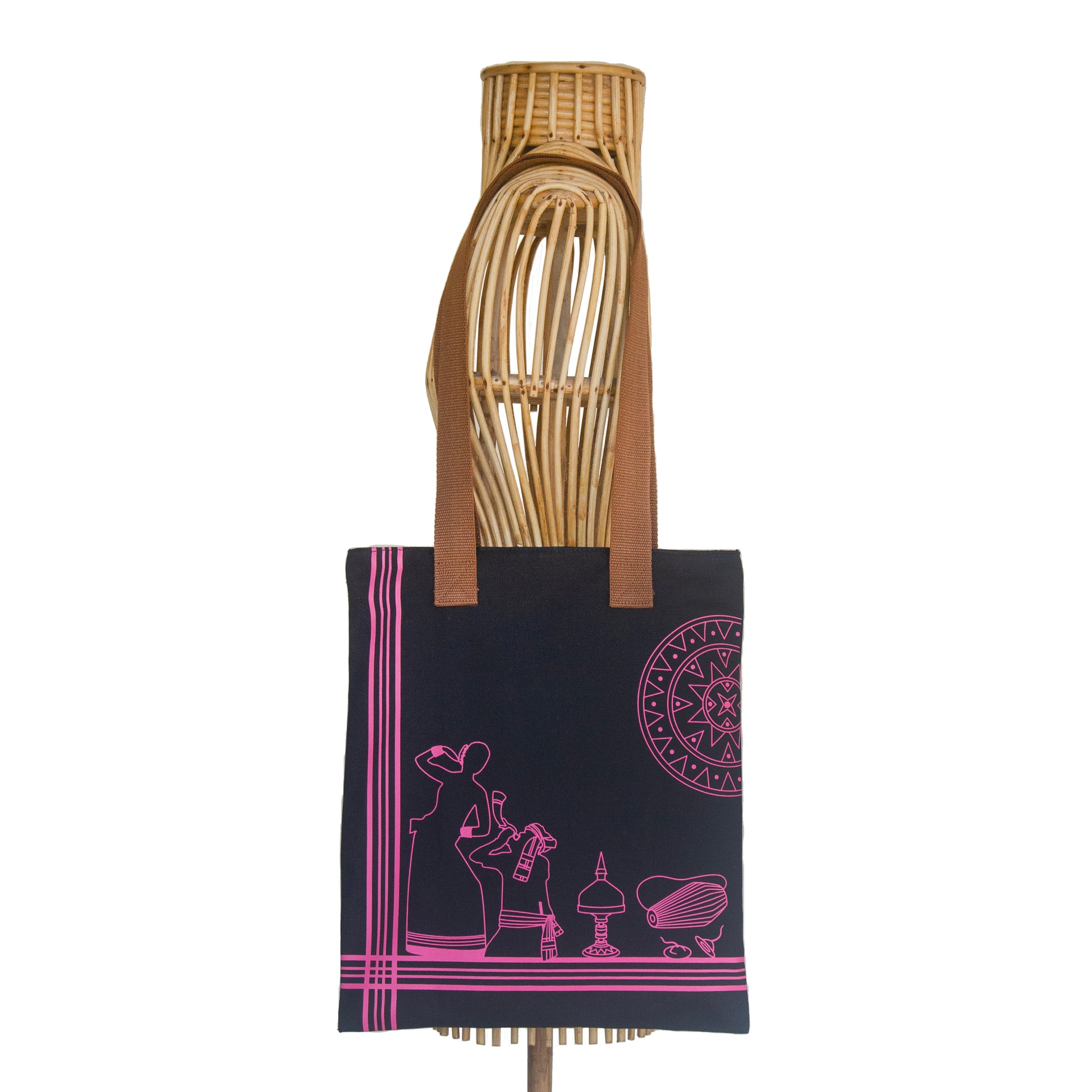 Assam's Iconic Symbols Black Canvas with Pink Print Tote Bag - NEST by Arpit Agarwal