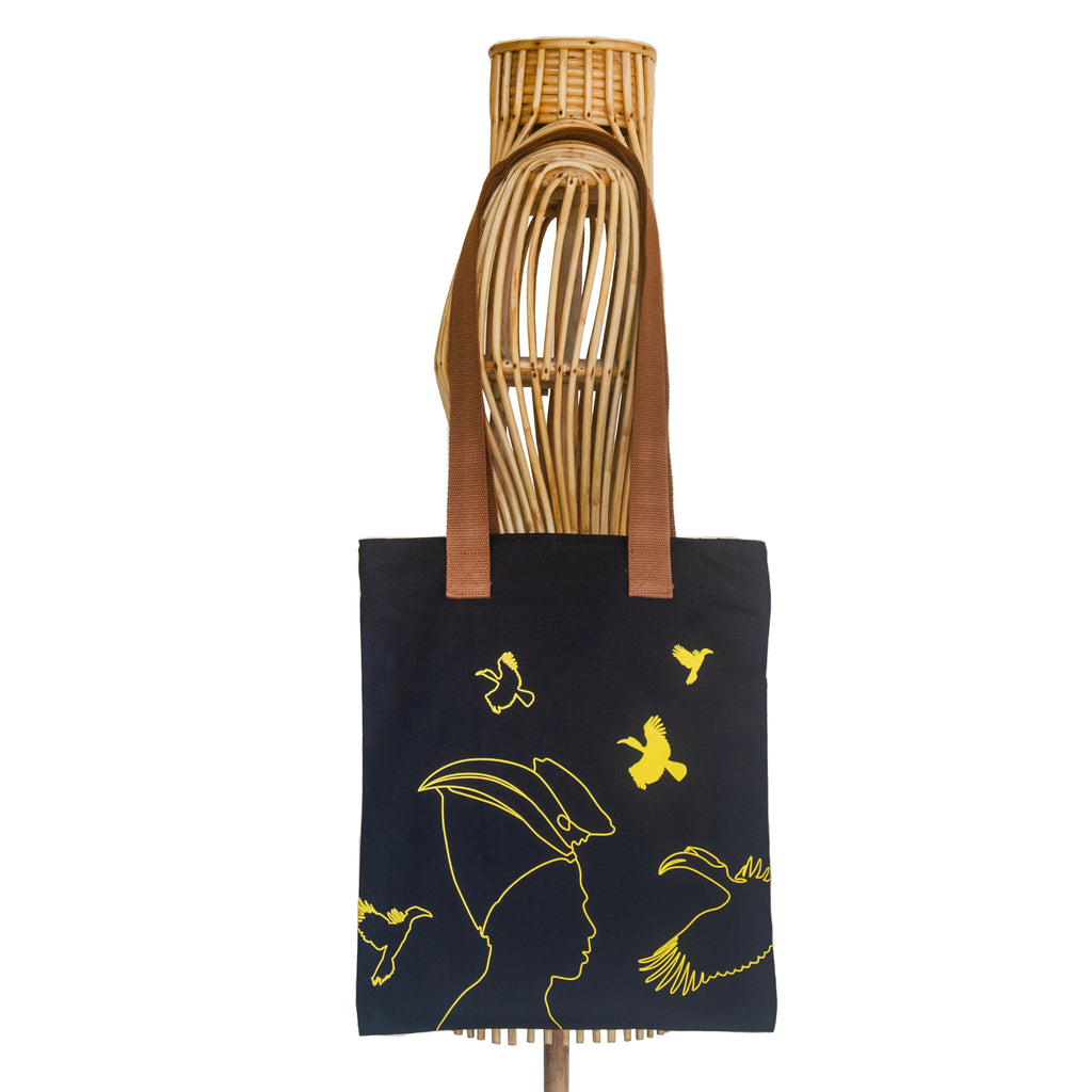 Nagaland's Hornbill Black Canvas with Yellow Print Tote Bag - NEST by Arpit Agarwal