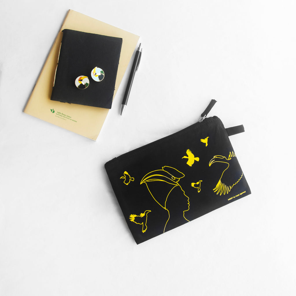 Nagaland's Hornbill Black Canvas with Yellow Print Utility Pouch