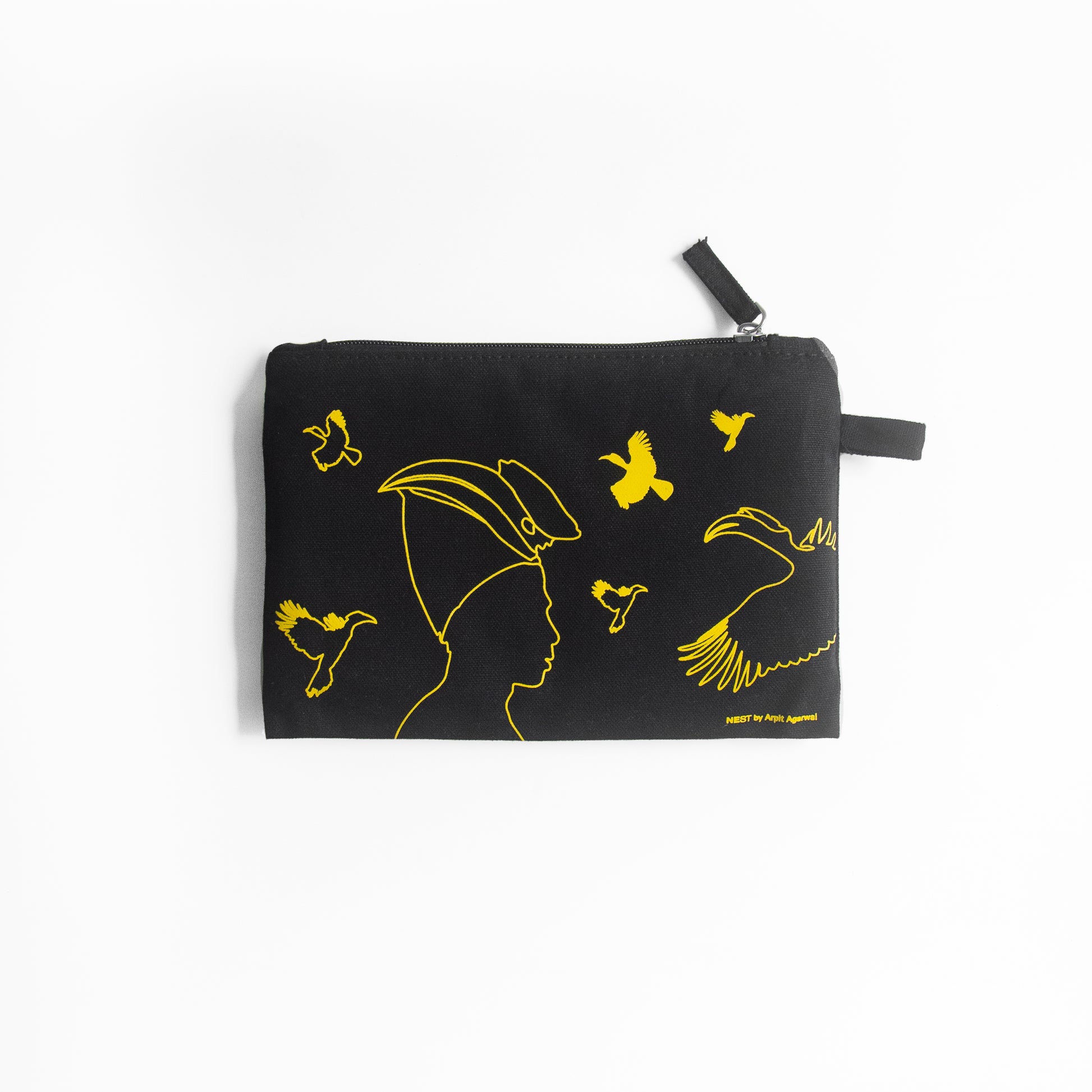 Nagaland's Hornbill Black Canvas with Yellow Print Utility Pouch