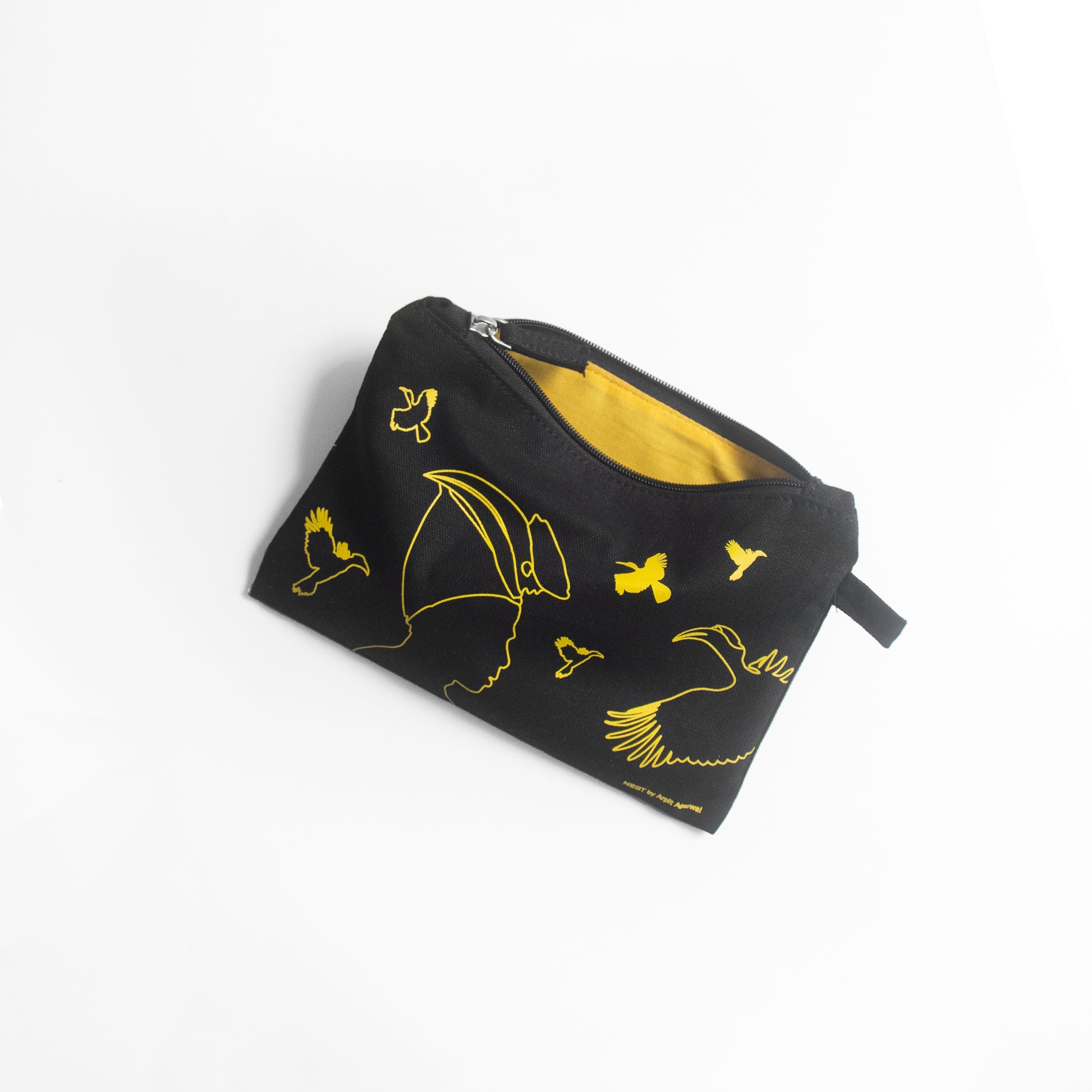 Nagaland's Hornbill Black Canvas with Yellow Print Utility Pouch