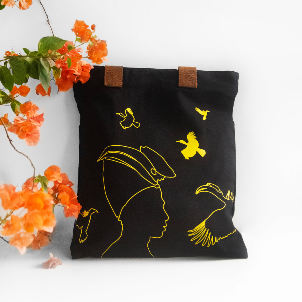 Nagaland's Hornbill Black Canvas with Yellow Print Tote Bag