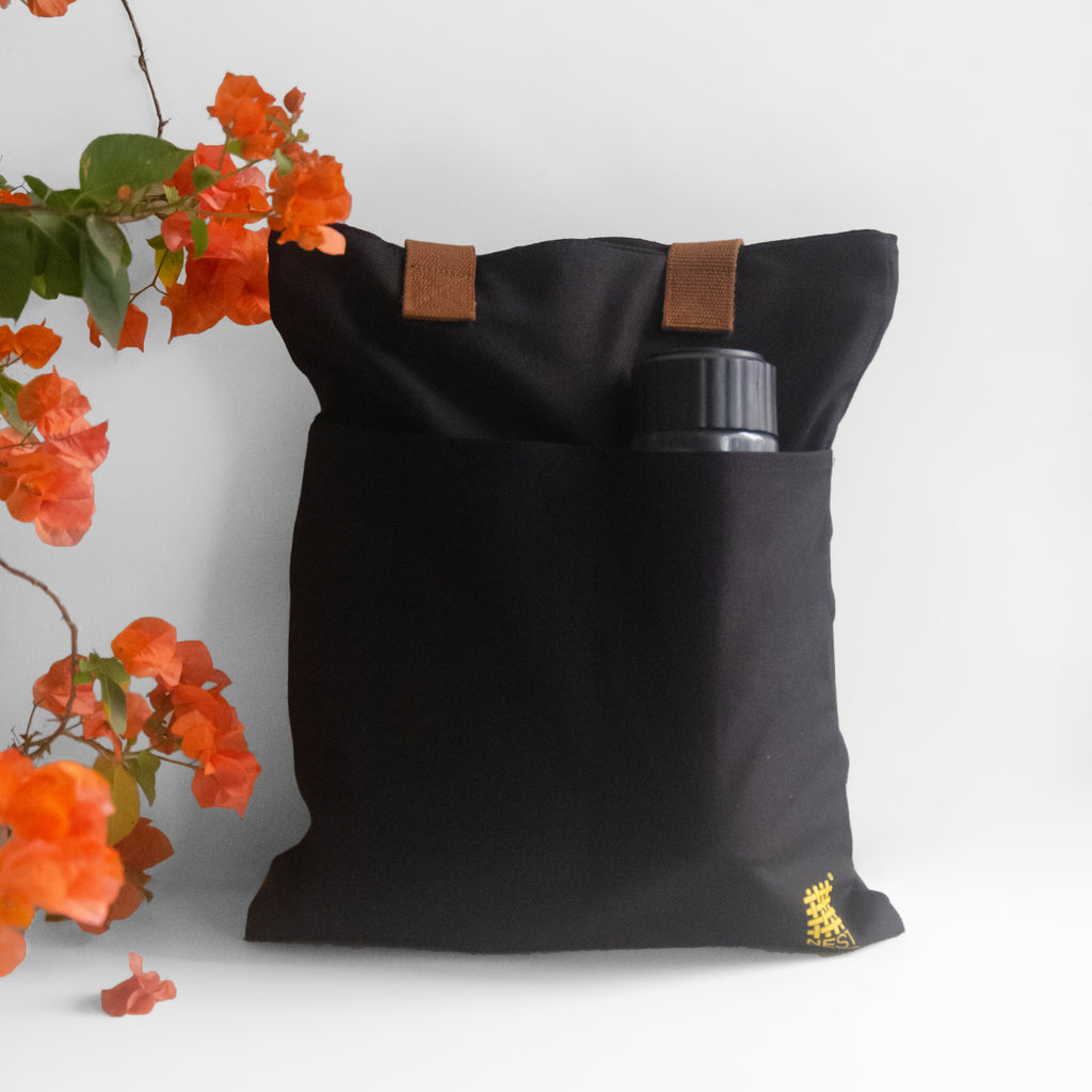 Nagaland's Hornbill Black Canvas with Yellow Print Tote Bag