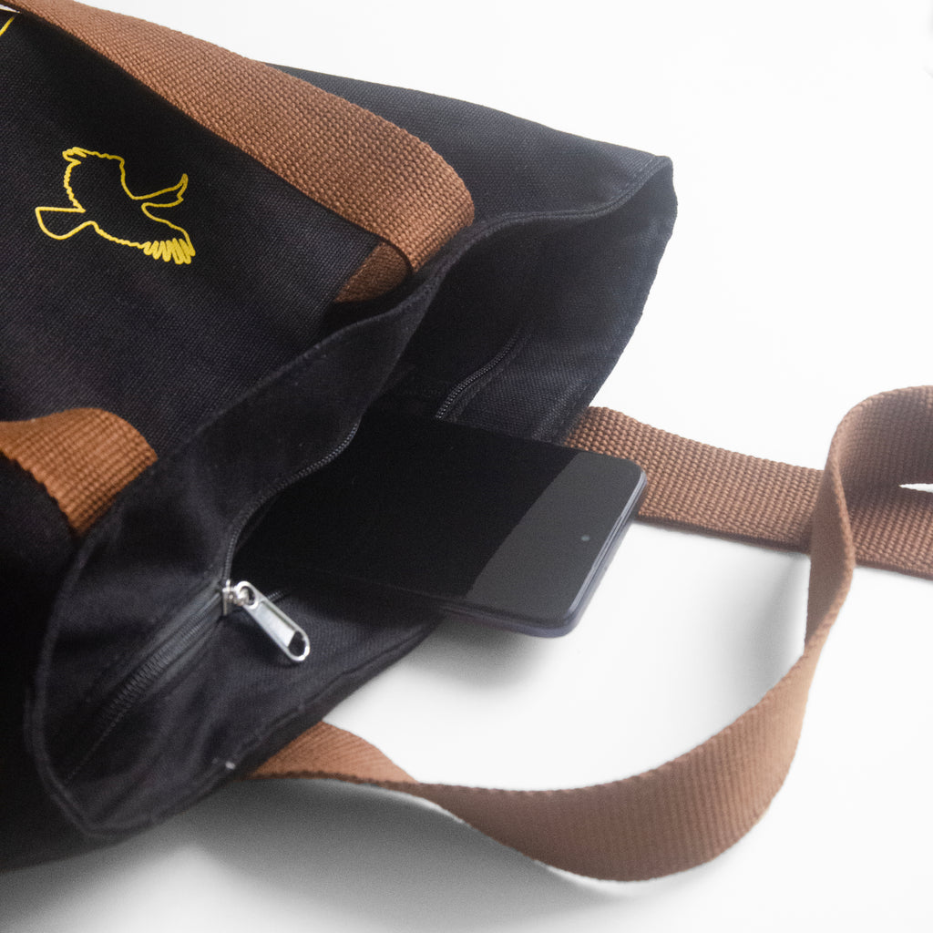 Nagaland's Hornbill Black Canvas with Yellow Print Tote Bag