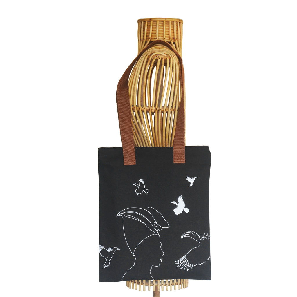 Nagaland's Hornbill Black Canvas with Grey Print Tote Bag - NEST by Arpit Agarwal
