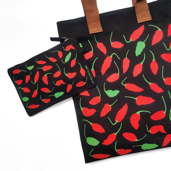 Ghost Chilli Canvas Tote Bag & Utility Pouch Combo - Black