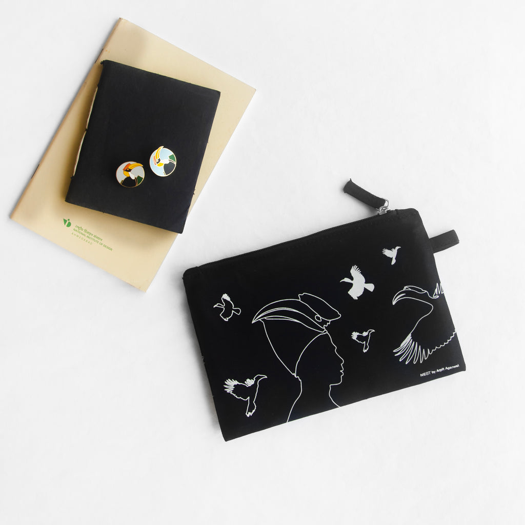 Nagaland's Hornbill Black Canvas with Grey Print Utility Pouch