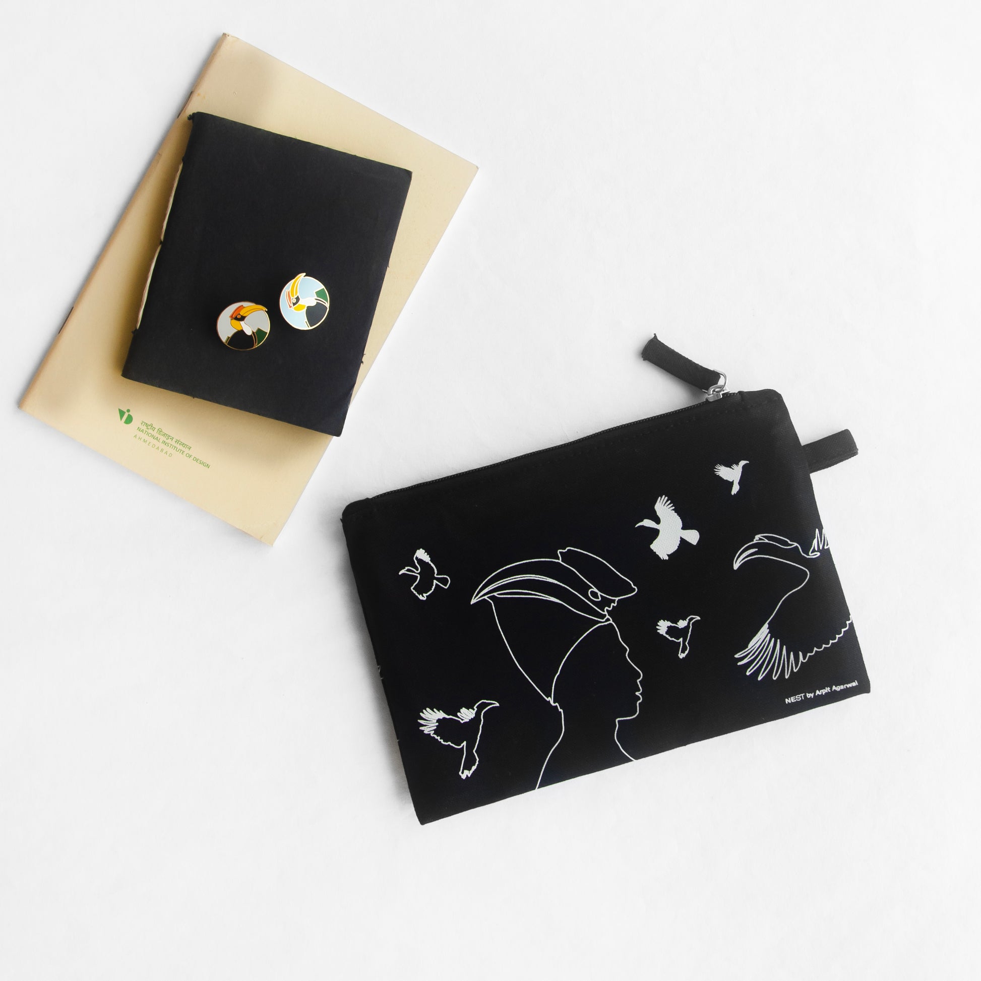 Nagaland's Hornbill Black Canvas with Grey Print Utility Pouch