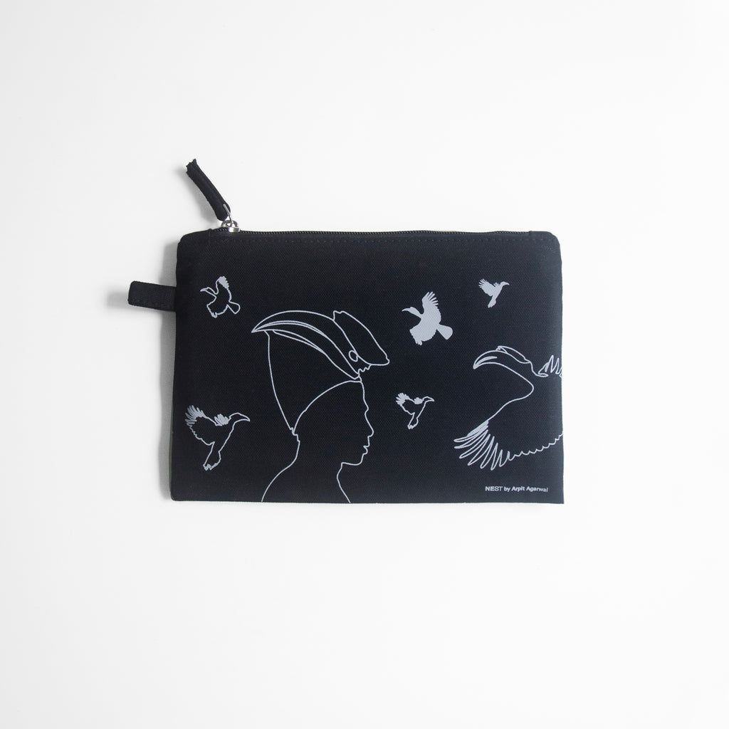 Nagaland's Hornbill Black Canvas with Grey Print Utility Pouch