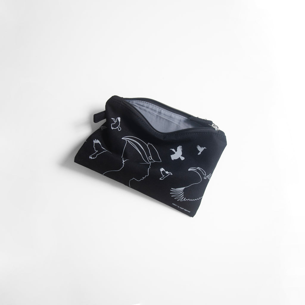 Nagaland's Hornbill Black Canvas with Grey Print Utility Pouch
