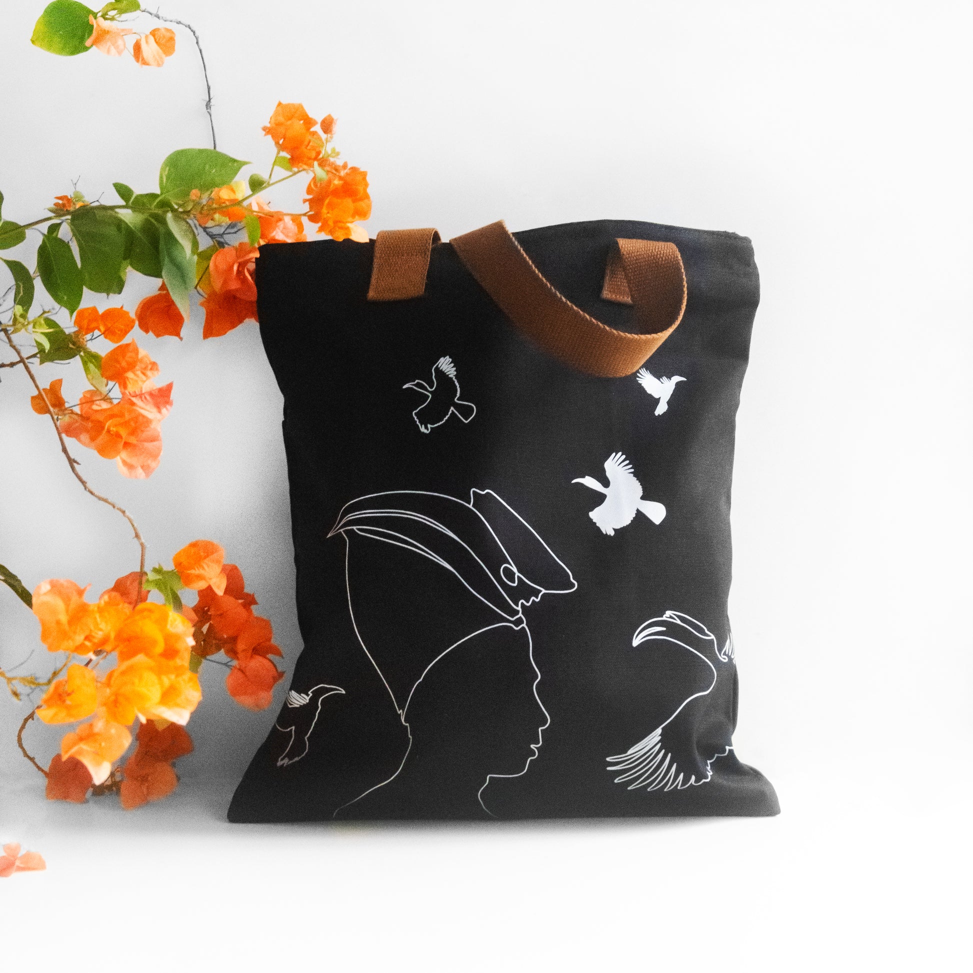 Nagaland's Hornbill Black Canvas with Grey Print Tote Bag