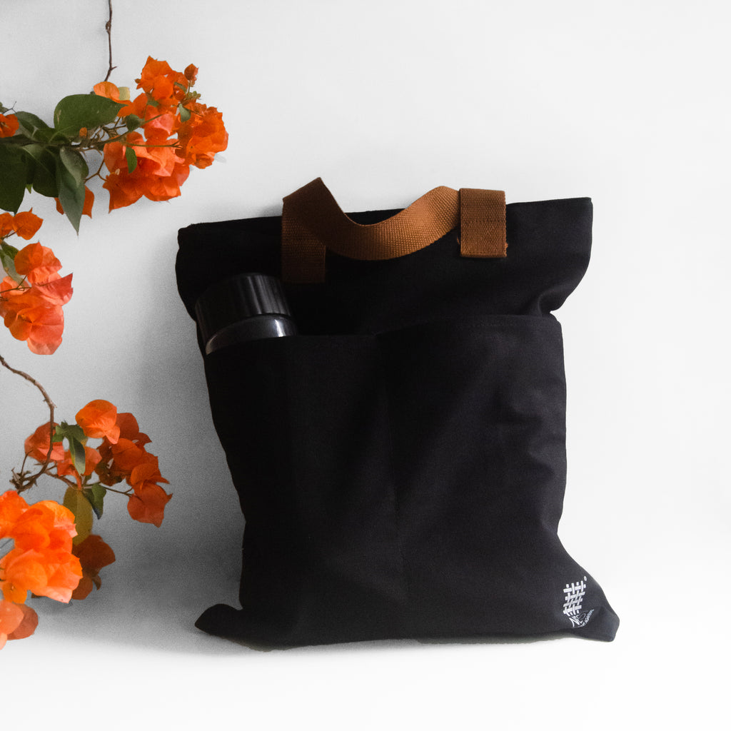 Nagaland's Hornbill Black Canvas with Grey Print Tote Bag