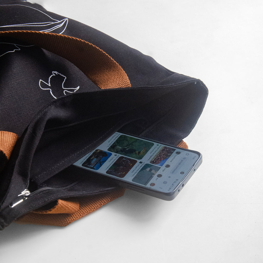 Nagaland's Hornbill Black Canvas with Grey Print Tote Bag