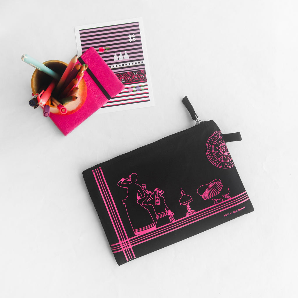 Assam's Iconic Symbols Black Canvas with Pink Print Utility Pouch