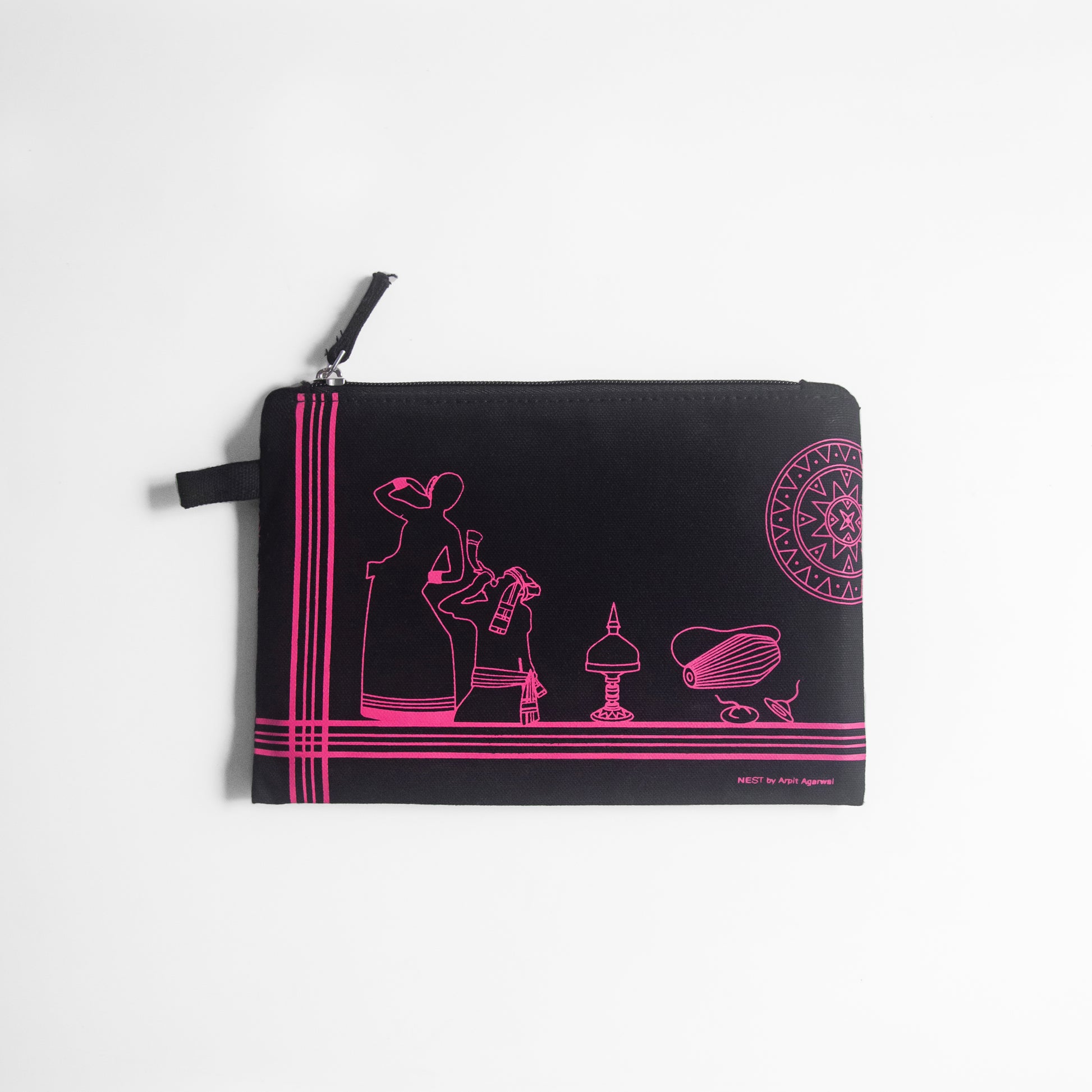 Assam's Iconic Symbols Black Canvas with Pink Print Utility Pouch