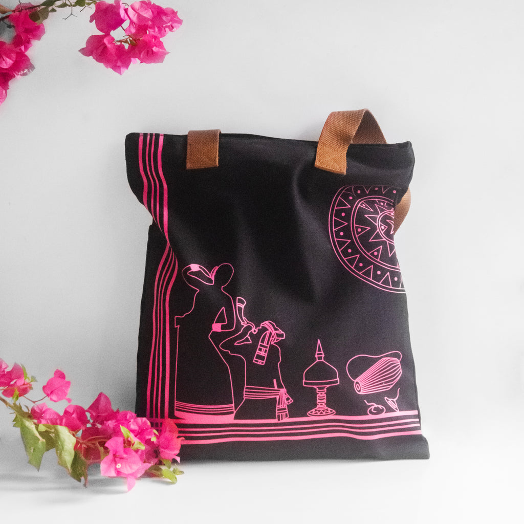 Assam's Iconic Symbols Black Canvas with Pink Print Tote Bag