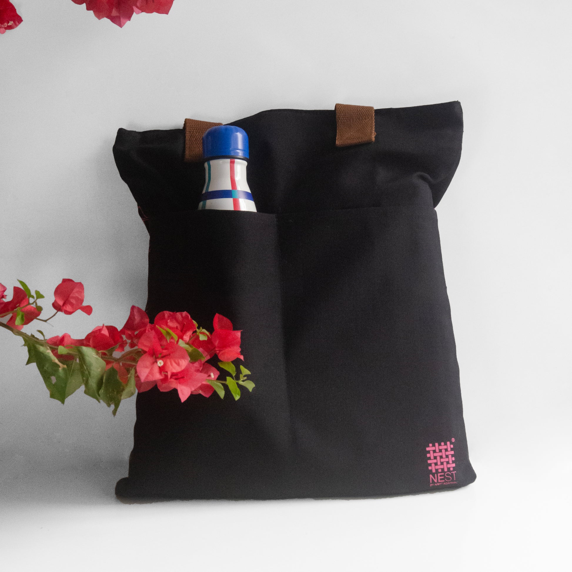 Assam's Iconic Symbols Black Canvas with Pink Print Tote Bag