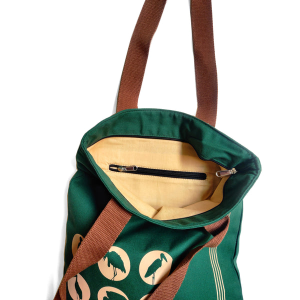 Assam Hargila Canvas Tote Bag & Utility Pouch Combo - Forest Green
