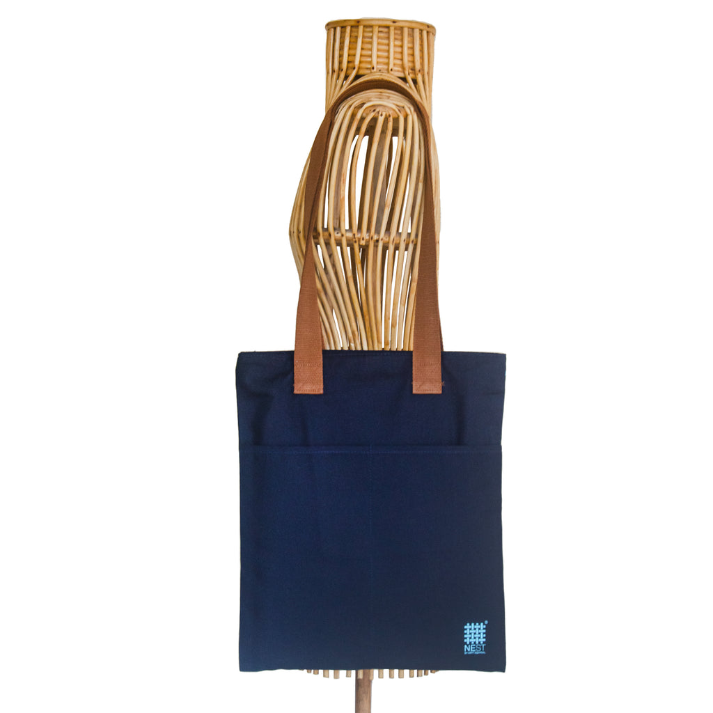 Meghalaya's Knup Navy Blue Canvas with Sky Blue Print Tote Bag - NEST by Arpit Agarwal
