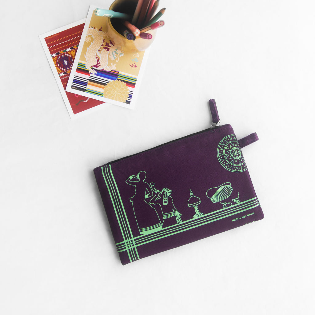 Assam's Iconic Symbols Purple Canvas with Teal Print Utility Pouch