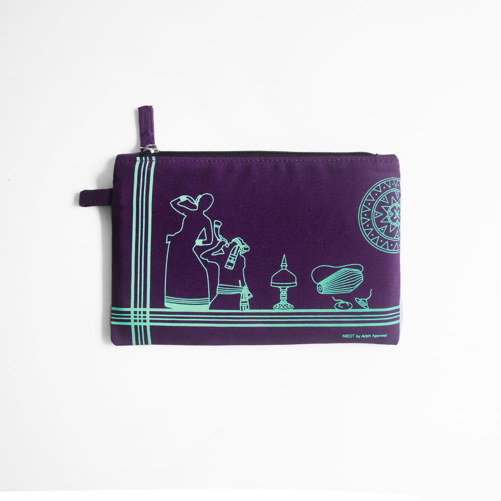 Assam's Iconic Symbols Purple Canvas with Teal Print Utility Pouch
