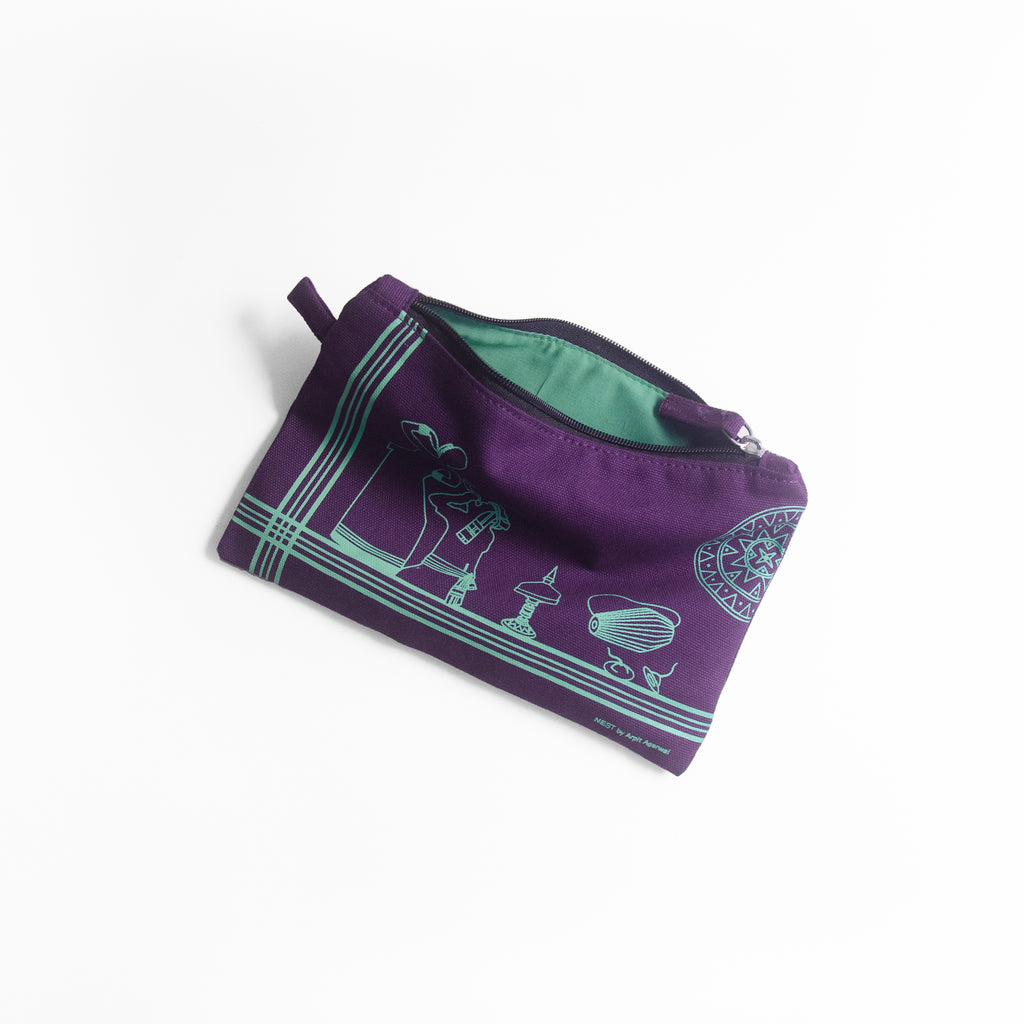 Assam's Iconic Symbols Purple Canvas with Teal Print Utility Pouch