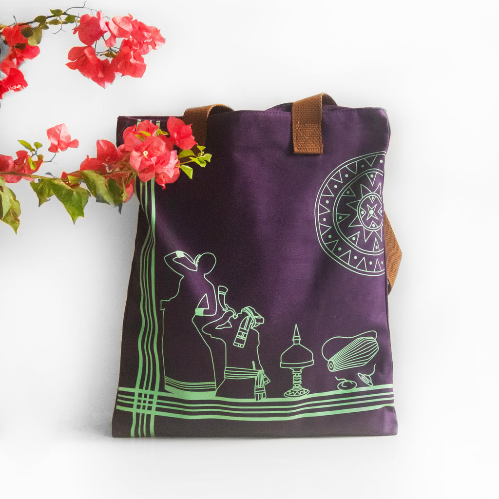 Assam's Iconic Symbols Purple Canvas with Teal Print Tote Bag
