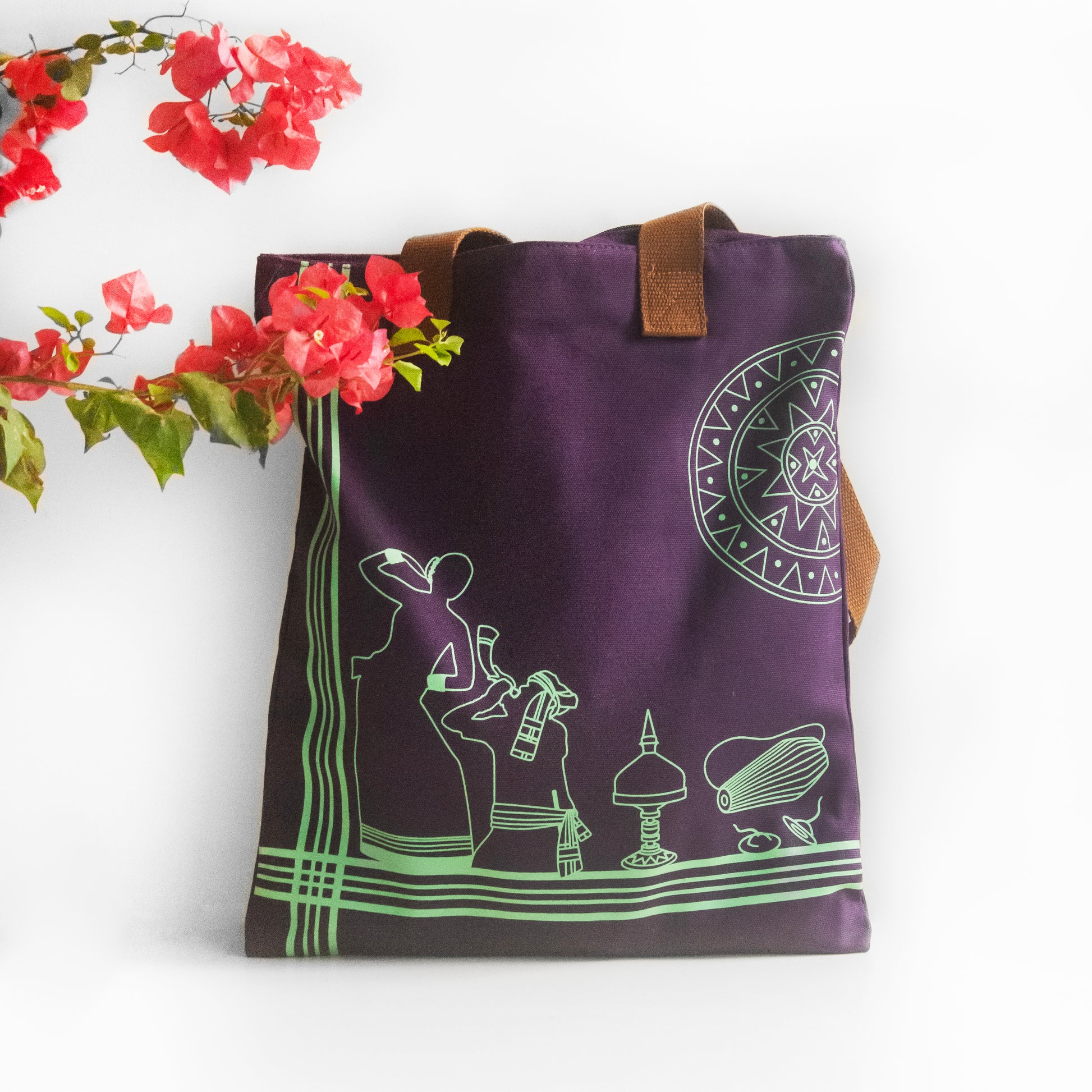 Assam's Iconic Symbols Purple Canvas with Teal Print Tote Bag