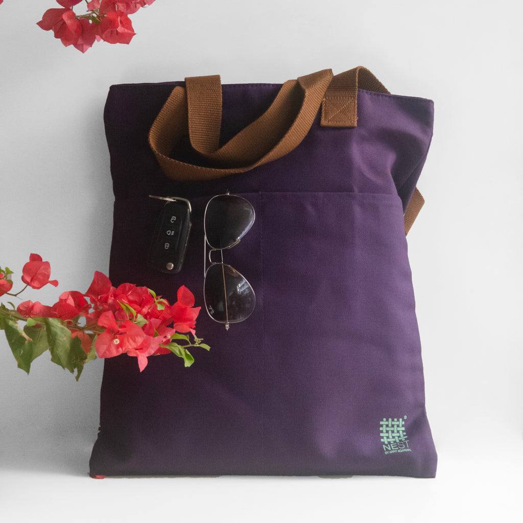 Assam's Iconic Symbols Purple Canvas with Teal Print Tote Bag