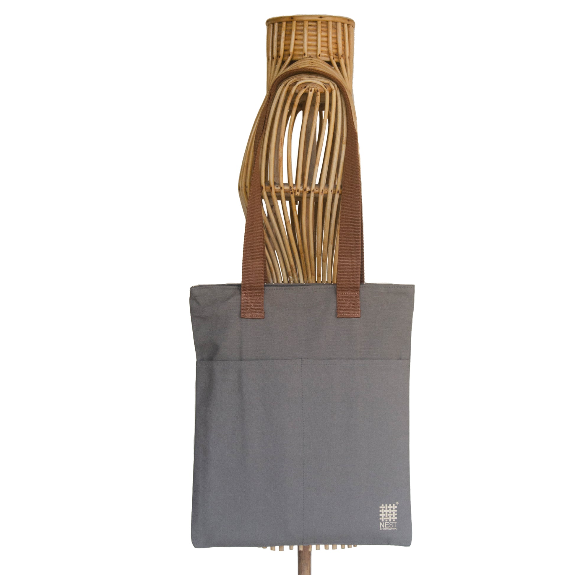 Meghalaya's Knup Grey Canvas with Beige Print Tote Bag - NEST by Arpit Agarwal